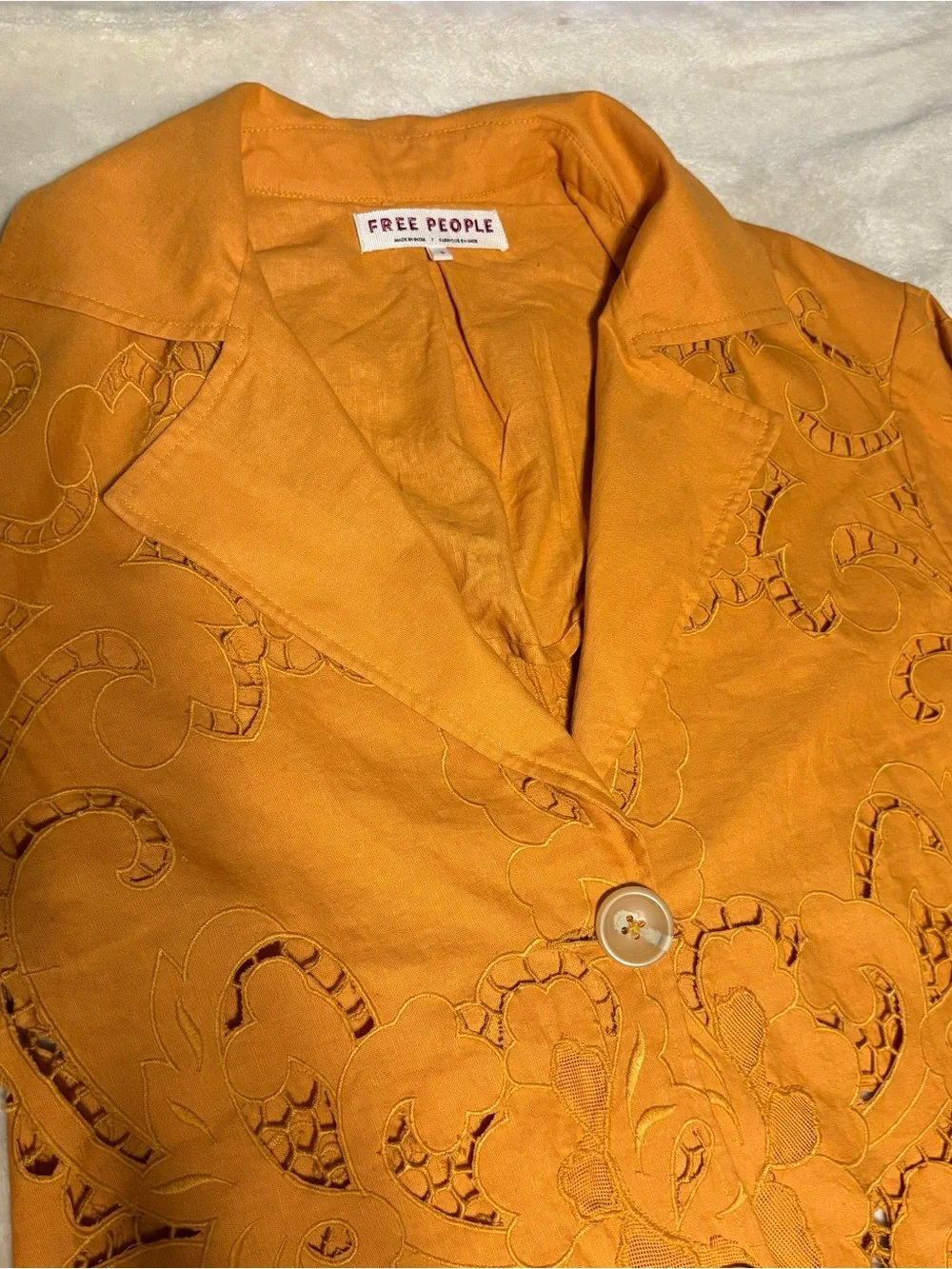 Free People Burnt Orange Cutout Embroidered Button Jacket